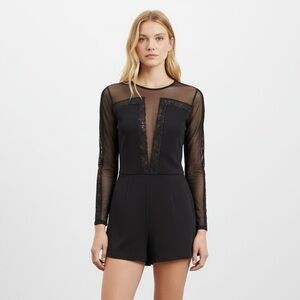 Guess Long Sleeve Mesh and Lace V-Neck Black Romper‎